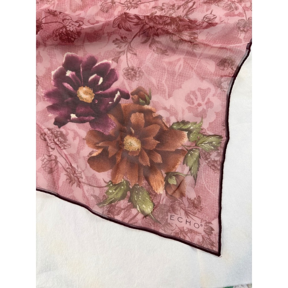 Echo Silk Square Scarf Pink Floral Chiffon Mauve Burgundy Sheer Neckerchief 21in - Picture 2 of 6